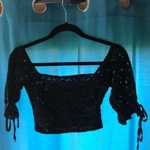 Zara Off the Shoulder Navy Lace Peasant Crop Top